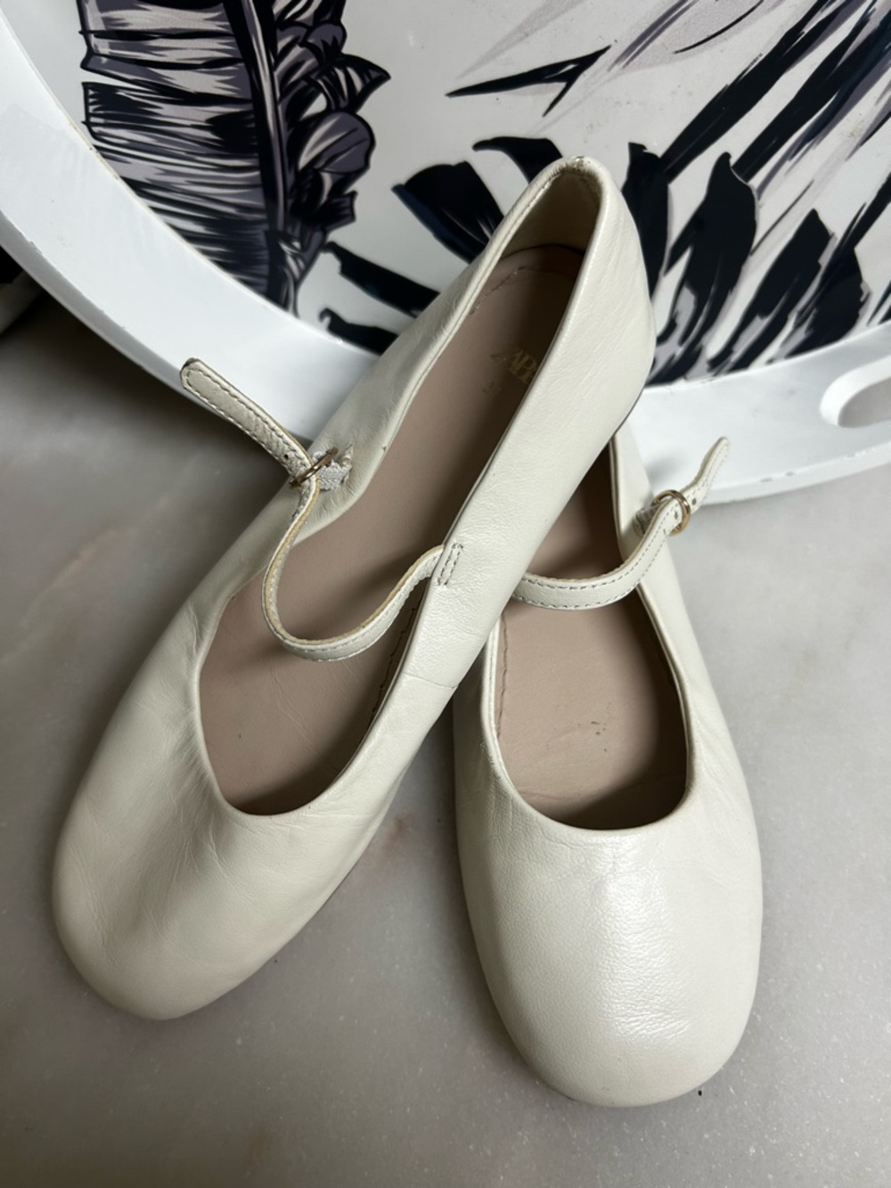 Zara Cream Leather Mary Jane Flats with Buckle Strap